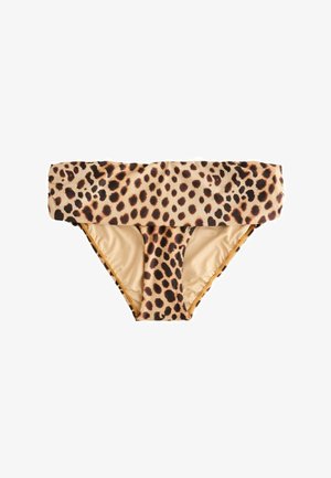 Leopardimustriga bikiinipüksid, millel on üleklapitav vöökoht ja kõrge lõikega jalasäärmed.