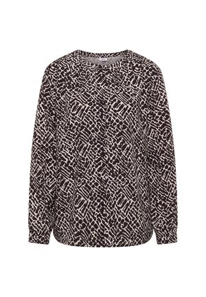 Blusa a maniche lunghe di colore marrone scuro con un motivo astratto color crema, caratterizzata da un colletto rotondo e una vestibilità ampia. Tessuto morbido con una consistenza liscia.