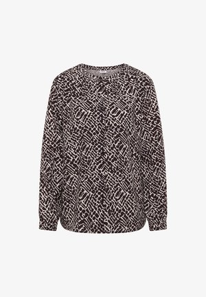 Halenka s dlouhým rukávem v tmavě hnědé barvě s abstraktním krémovým vzorem, kulatým výstřihem a volným střihem. Jemná tkanina s hladkou texturou.