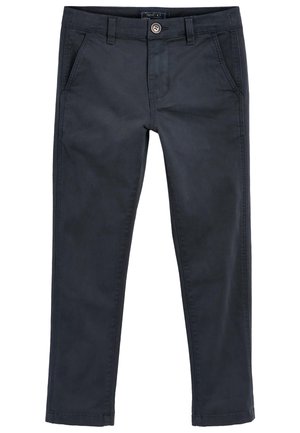 Chinos bleu marine foncé avec une texture en coton lisse, dotés de cinq poches, d'une fermeture à boutons sur le devant et de jambes droites fuselées.