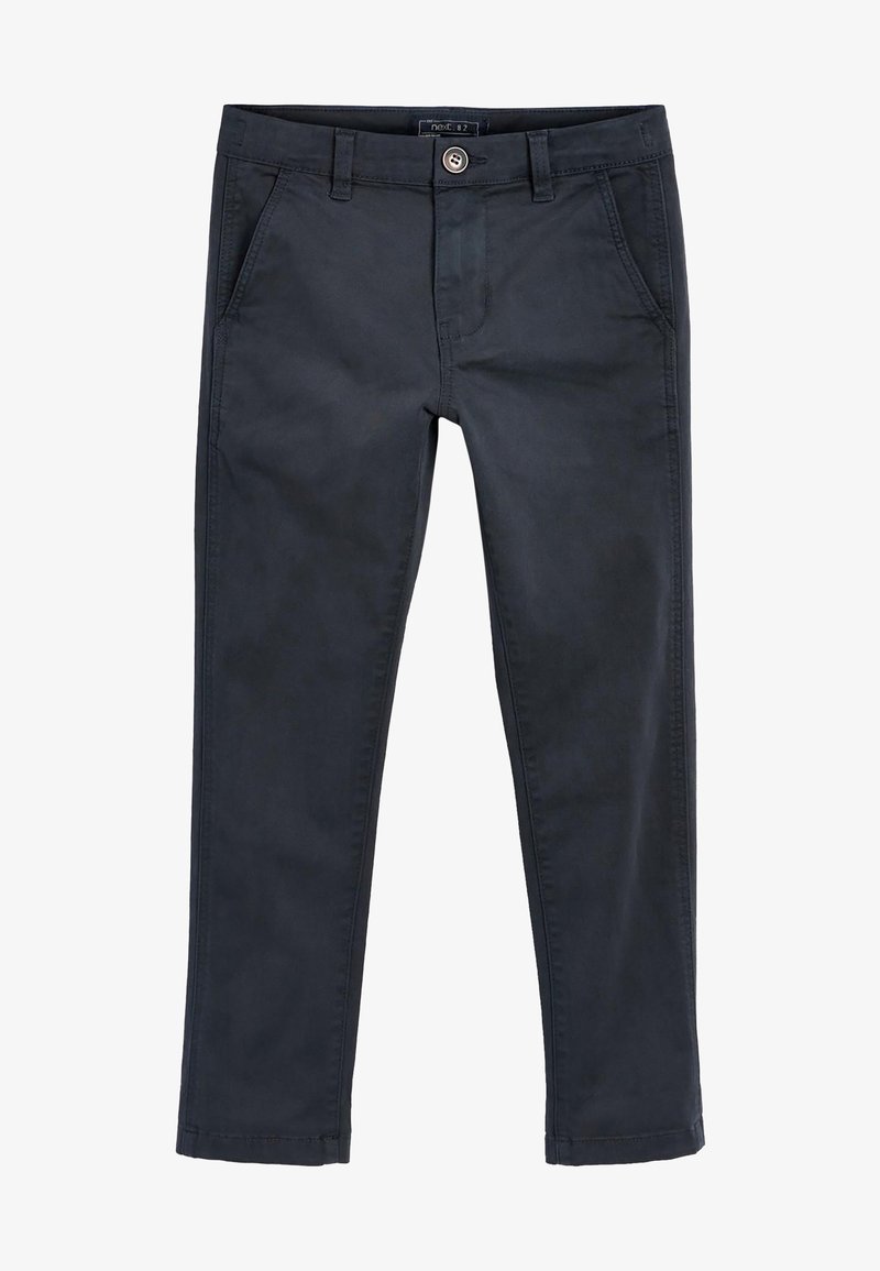 Chinos bleu marine foncé avec une texture en coton lisse, dotés de cinq poches, d'une fermeture à boutons sur le devant et de jambes droites fuselées.