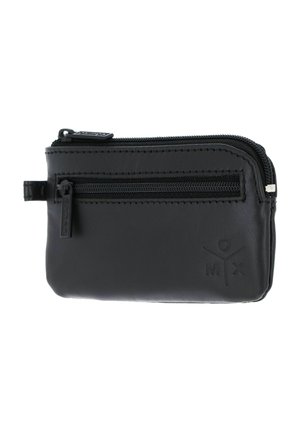 Petite pochette en cuir noir avec deux compartiments zippés et un logo cousu dans le coin avant.