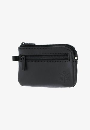 Small black leather pouch with two zippered compartments and a stitched logo on the front corner.