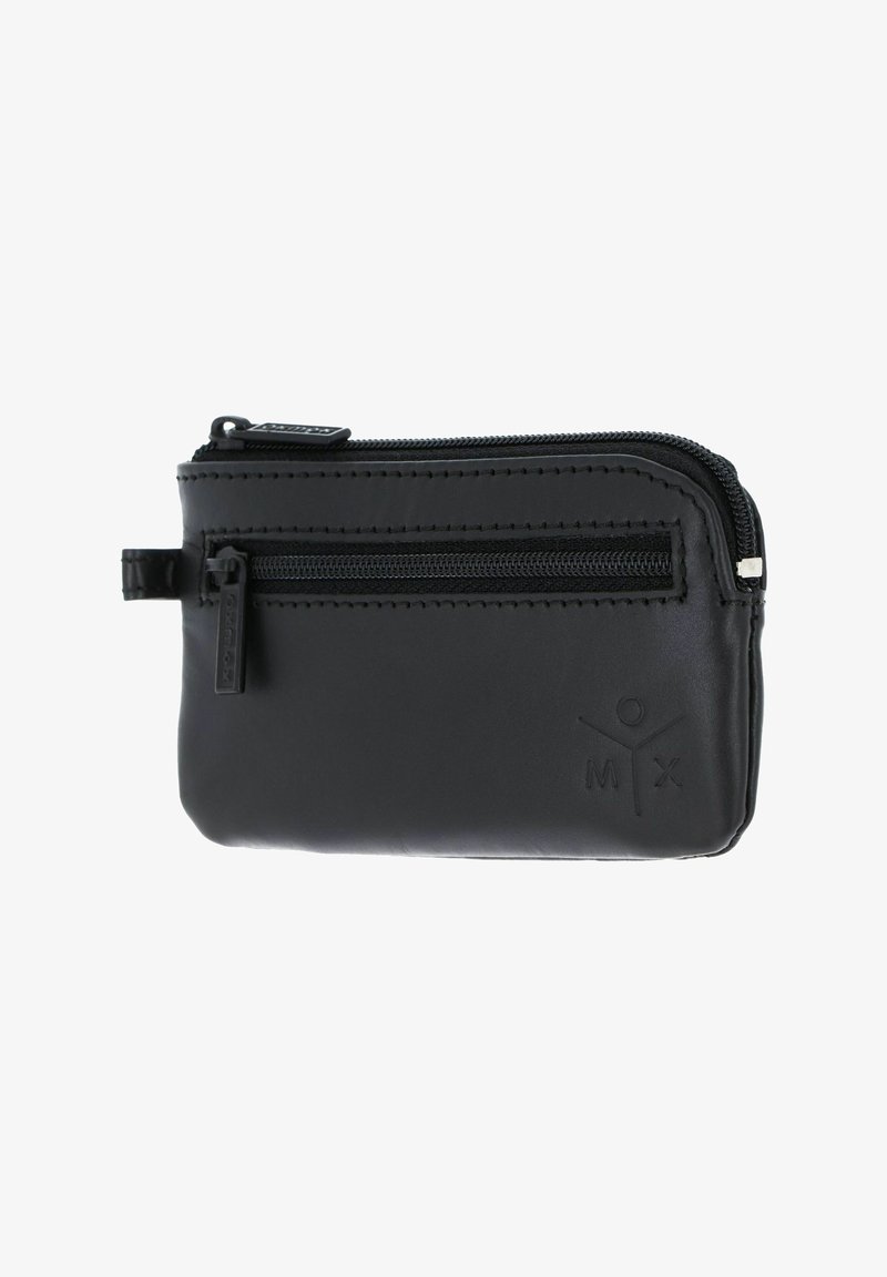 Petite pochette en cuir noir avec deux compartiments zippés et un logo cousu dans le coin avant.