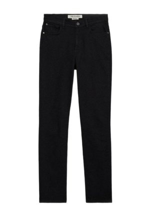 Jean en denim noir à coupe slim, doté de cinq poches, d'une fermeture par bouton, et d'un logo minimaliste sur la ceinture.