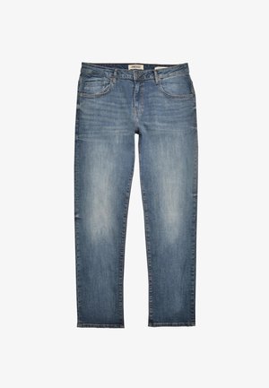 Blå denim jeans med rett benkutt, med søm detaljer, fem lommer, og en falmet vask både foran og bak.