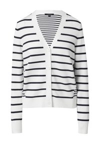 Weißer Cardigan mit navyblauen Streifen, V-Ausschnitt, Knopfleiste, langen Ärmeln, gerippten Bündchen und Saum; aus weichem Strickmaterial.