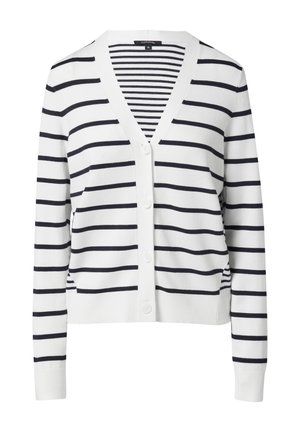 Weißer Cardigan mit navyblauen Streifen, V-Ausschnitt, Knopfleiste, langen Ärmeln, gerippten Bündchen und Saum; aus weichem Strickmaterial.