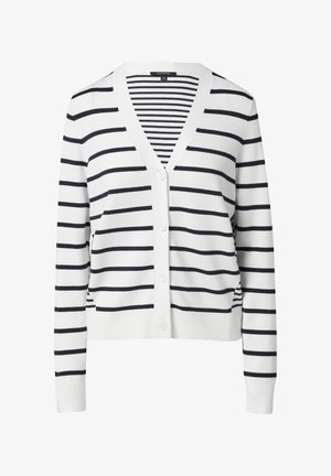 Weißer Cardigan mit navyblauen Streifen, V-Ausschnitt, Knopfleiste, langen Ärmeln, gerippten Bündchen und Saum; aus weichem Strickmaterial.