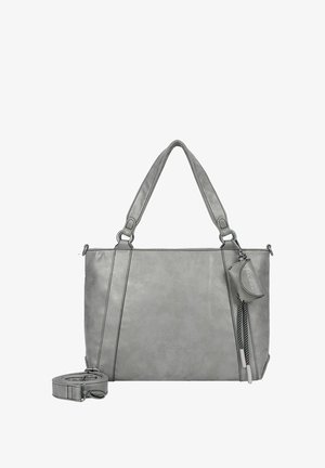 Graue Kunstleder-Handtasche mit zwei Griffen, abnehmbarem Schultergurt und einem dekorativen Schlüsselanhänger. Verfügt über gesteppte Akzente und eine glatte Textur.