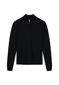 Pullover nero a maniche lunghe realizzato in tessuto morbido, con colletto con mezza zip e orlo aderente. Design semplice senza motivi o dettagli.