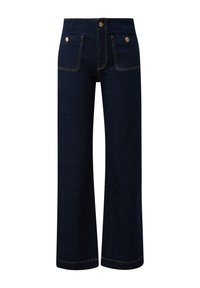 Granatowe dżinsy o szerokich nogawkach z wysokim stanem, wyposażone w dwie przednie kieszenie i ozdobne guziki w kolorze złotym. Gładka faktura i czyste linie.
