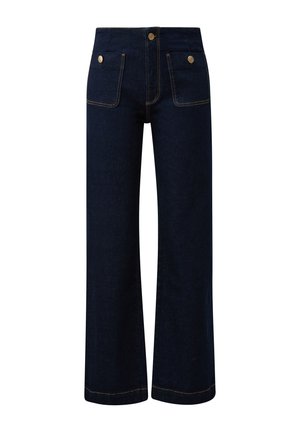 Dunkelblaue Jeans mit weitem Bein und hoher Taille, ausgestattet mit zwei vorderen Taschen und goldfarbenen Knopfakzenten. Glatte Textur und klare Linien.
