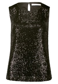 Svart ärmlös topp täckt med paljetter, med rund halsringning och en nyckelhålsdetalj bak. Slät innerfoder för ökad komfort.