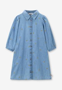 Spijkerjurk met een kraag, lange geplooide mouwen en gouden borduurwerk in de vorm van een hart. Heeft een knopenrij aan de voorkant en een licht uitlopende zoom.