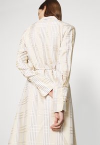 Pitkä ruudullinen mekko vaaleanbeige, jossa on valkoisia ja vaaleanruskeita raitoja, vyötäröltä kiristettävä, napitettavat hihansuut ja virtaava siluetti.