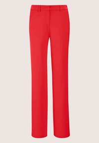 Rote, gerade geschnittene Hose aus leichtem Material. Verfügt über Gürtelschlaufen und Seitentaschen. Glatte Textur ohne Muster oder Verzierungen.