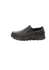 Zapatos negros sin cordones con un upper sintético suave, suela acolchada y paneles elásticos en los laterales para facilitar el uso y mejorar la comodidad.