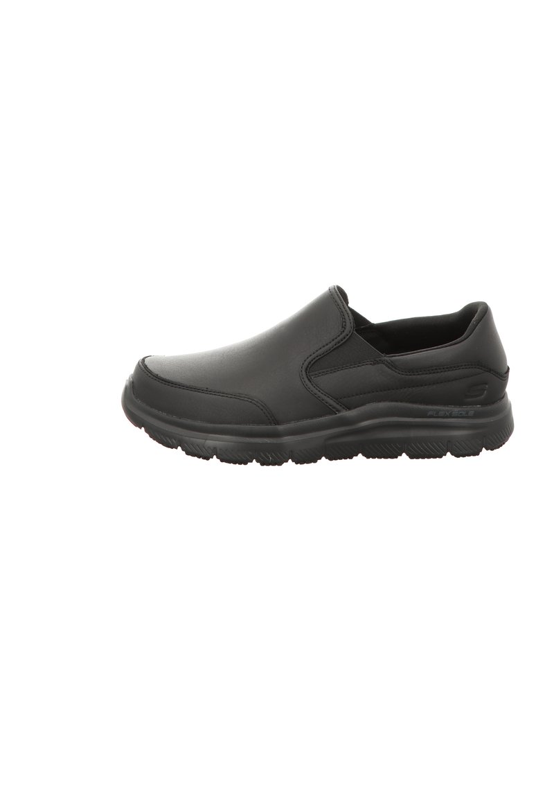 Zapatos negros sin cordones con un upper sintético suave, suela acolchada y paneles elásticos en los laterales para facilitar el uso y mejorar la comodidad.