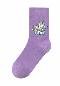 Calcetín de algodón morado con un gráfico colorido de un unicornio con alas, acentuado por colores vívidos y diseños juguetones en una textura suave.