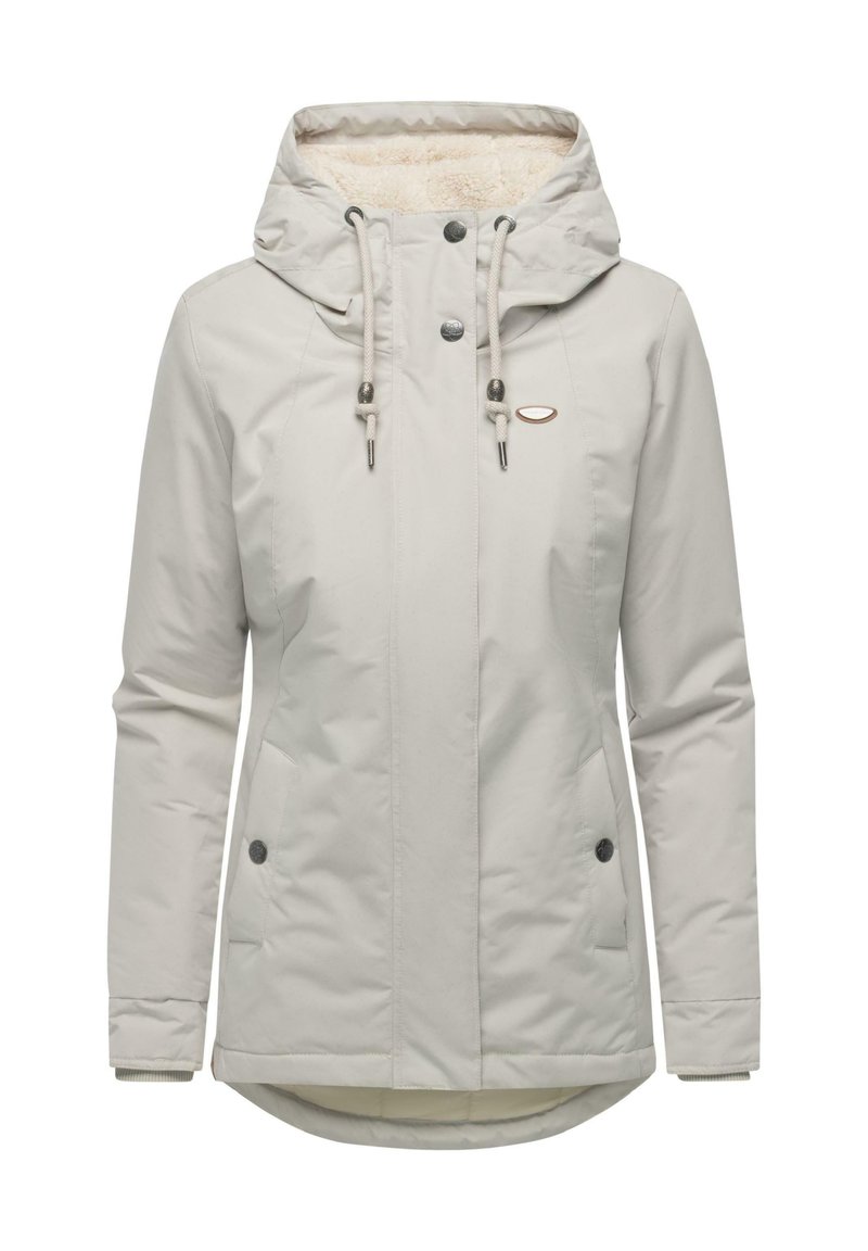 Jasnoszara, izolowana kurtka z kapturem, z miękką podszewką, dwoma przednimi kieszeniami, regulowanym zapięciem przy szyi i metalowymi akcentami.
