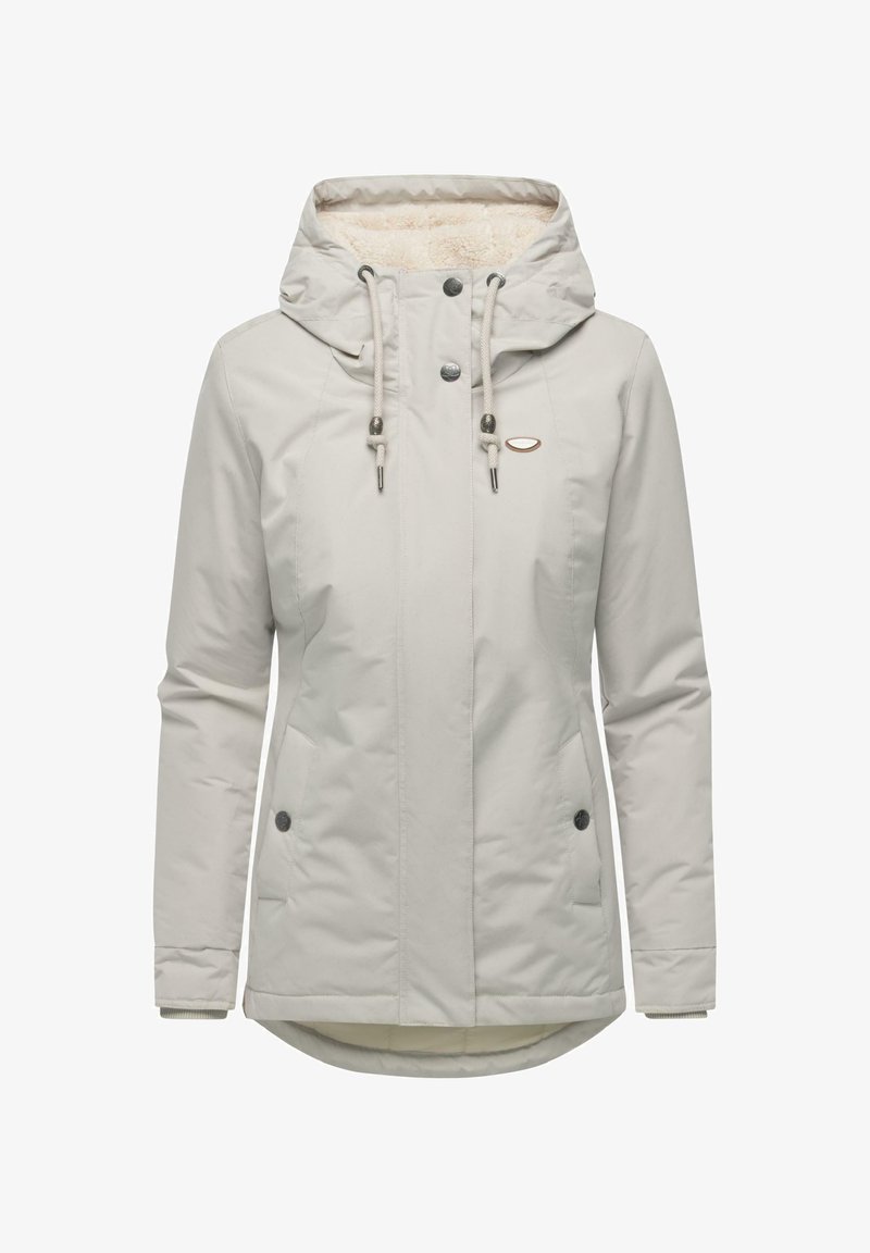 Jasnoszara, izolowana kurtka z kapturem, z miękką podszewką, dwoma przednimi kieszeniami, regulowanym zapięciem przy szyi i metalowymi akcentami.