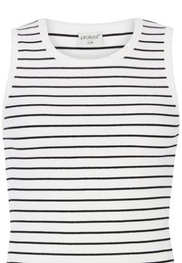 White tank top with black horizontal stripes, ribbed texture, and a round neckline. Label at the neckline reads "protest S36."