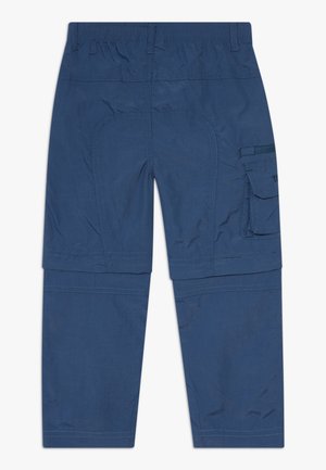 Blaue Cargo-Hosen aus leichtem Material, mit elastischem Bund, Seitentasche und verstärkten Knien für zusätzliche Langlebigkeit.