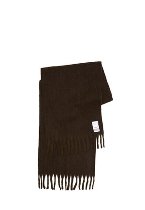 Dark brown wool scarf with fringed ends and a label. Soft texture, rectangular shape, and a uniform color throughout.