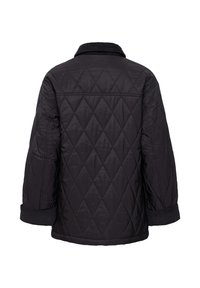 Veste matelassée noire avec couture en losange, col et poignets en velours côtelé, vue de dos avec manches longues et ourlet droit.
