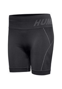 Czarne prążkowane szorty sportowe z szerokim paskiem z napisem "HUMMEL" i wzorem chevron po boku nogawki.
