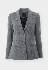 Grå texturerad kavaj med slagkrage, två framfickor och stängning med två knappar. Tyget är en blandning med ett subtilt mönster.