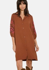 Robe boutonnière marron avec col, ornée de broderies florales roses sur les manches. Tissu léger et coupe décontractée.