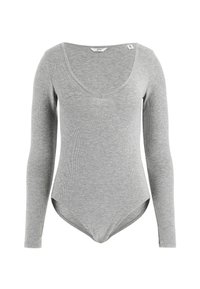 Body a maniche lunghe grigio realizzato in tessuto a coste, con scollatura profonda a forma di U, orli arrotondati e silhouette aderente.