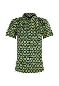 Chemise à manches courtes en tissu vert, avec un motif répétitif de éventails en marine et jaune. Comprend un col à boutons et une patte de boutonnage.