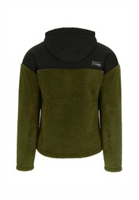 Olivenfarbener Fleece-Jacke mit schwarzer Kapuze und oberem Abschnitt; verfügt über eine strukturierte Oberfläche, lange Ärmel und ein Etikett auf der Rückseite.