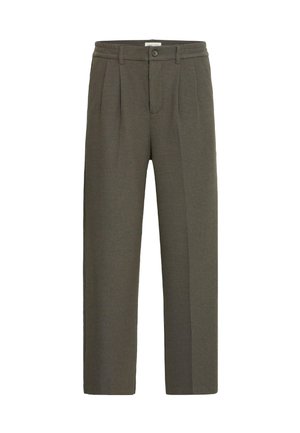 Pantalones de color verde oliva, de cintura alta y con un corte ajustado, que presentan pliegues, cremallera en la bragueta y un único botón de cierre. Tejido texturizado.