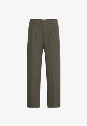 Olivengrüne, hochtaillierte Hose mit tailliertem Schnitt, versehen mit Falten, einem Reißverschluss und einem einzelnen Knopfverschluss. Strukturiertes Material.