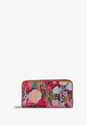 Portemonnee met een kleurrijk bloemmotief op een rode achtergrond, met een tan kleurige ritsafwerking en accenten van goudkleurig metaal.