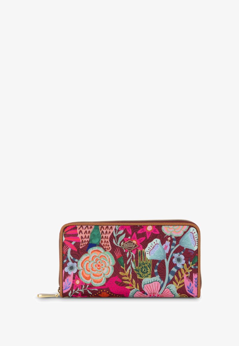 Portemonnee met een kleurrijk bloemmotief op een rode achtergrond, met een tan kleurige ritsafwerking en accenten van goudkleurig metaal.