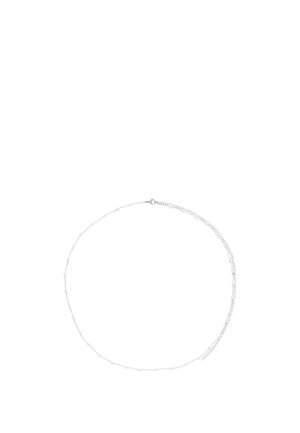 Delicate silver chain necklace with small round beads spaced evenly, secured with a lobster clasp and adjustable chain extension.