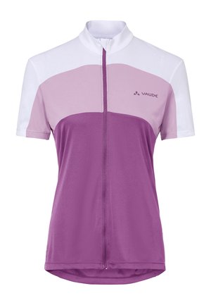 Lila- und hellrosa kurzärmliges Radtrikot mit weißen Schultern, einem Frontreißverschluss und Vaude-Logo auf der Brust.