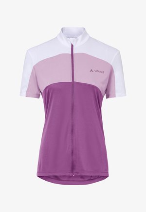 Lila- und hellrosa kurzärmliges Radtrikot mit weißen Schultern, einem Frontreißverschluss und Vaude-Logo auf der Brust.