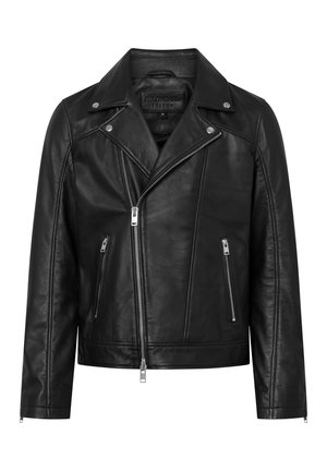 Veste de motard en cuir noir avec fermeture éclair asymétrique à l'avant, deux poches zippées, revers crantés et boutons-pression argentés sur le col.