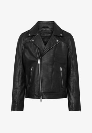 Schwarze Lederbikerjacke mit asymmetrischem Frontreißverschluss, zwei Reißverschlusstaschen, gekerbten Revers und silbernen Druckknöpfen am Kragen.