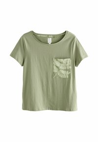 Lys grøn T-shirt med korte ærmer, lavet af blødt stof, med en brystlomme med et gennemsigtigt blomsterdesign. Rundet halsudskæring.