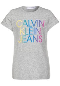 Szary bawełniany t-shirt z krótkimi rękawami i okrągłym dekoltem. Na przodzie znajduje się napis "CALVIN KLEIN JEANS" w wielokolorowym, wyraźnym stylu.