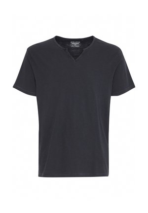 Herren T-Shirt in Dunkelgrau mit kurzen Ärmeln und V-Ausschnitt. Hergestellt aus weichem Stoff mit einer lockeren Passform und kontrastierenden Nähten entlang des Ausschnitts und der Ärmel.