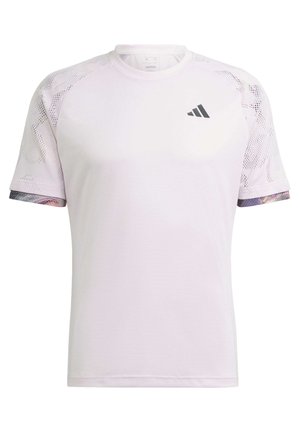 T-shirt de sport violet clair à manches courtes, avec des accents en mesh sur les épaules et une bordure à motifs aux bords des manches. Présente le logo Adidas sur la poitrine.