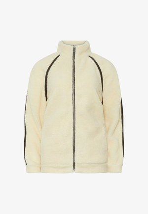 Giacca in pile color crema con zip frontale integrale e piping marrone scuro lungo le maniche e i lati, con colletto a imbuto.